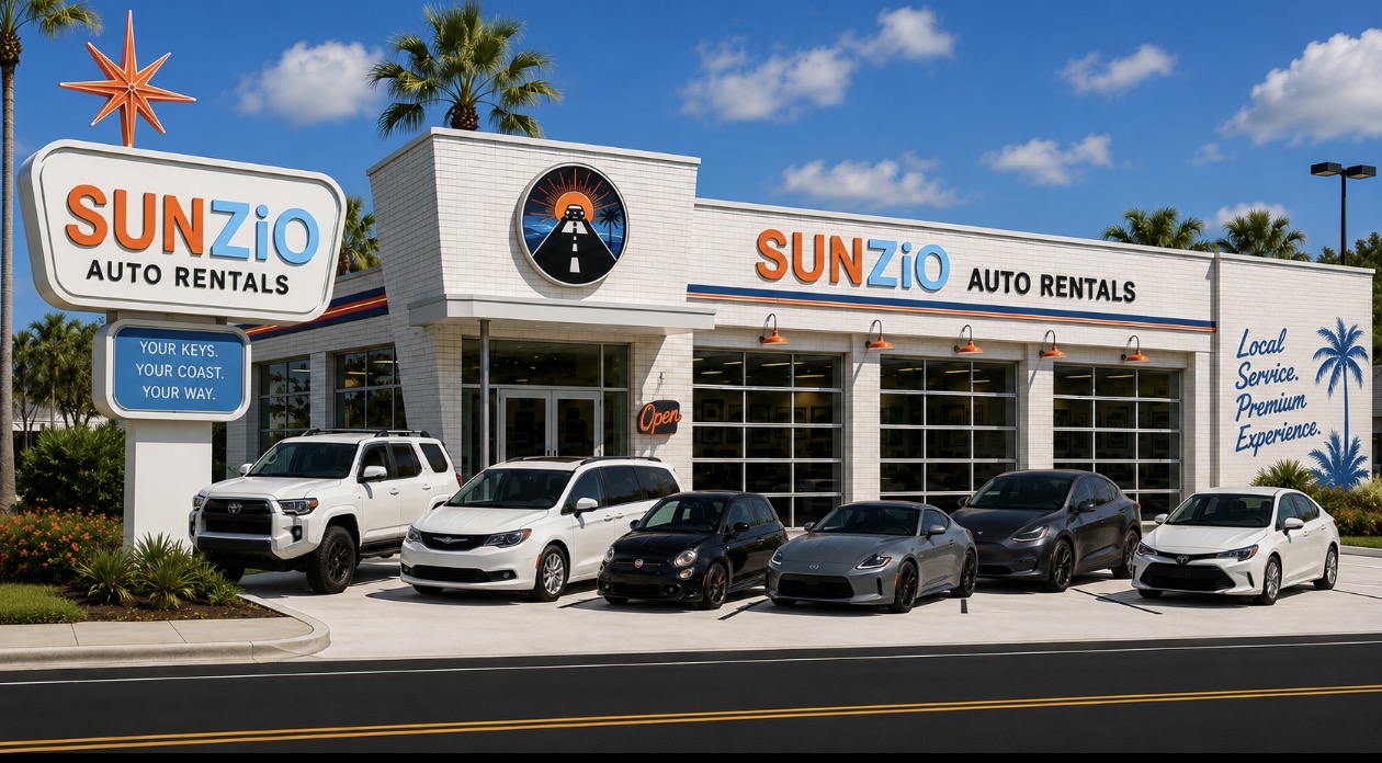 SUNZiO Auto Rentals storefront and fleet