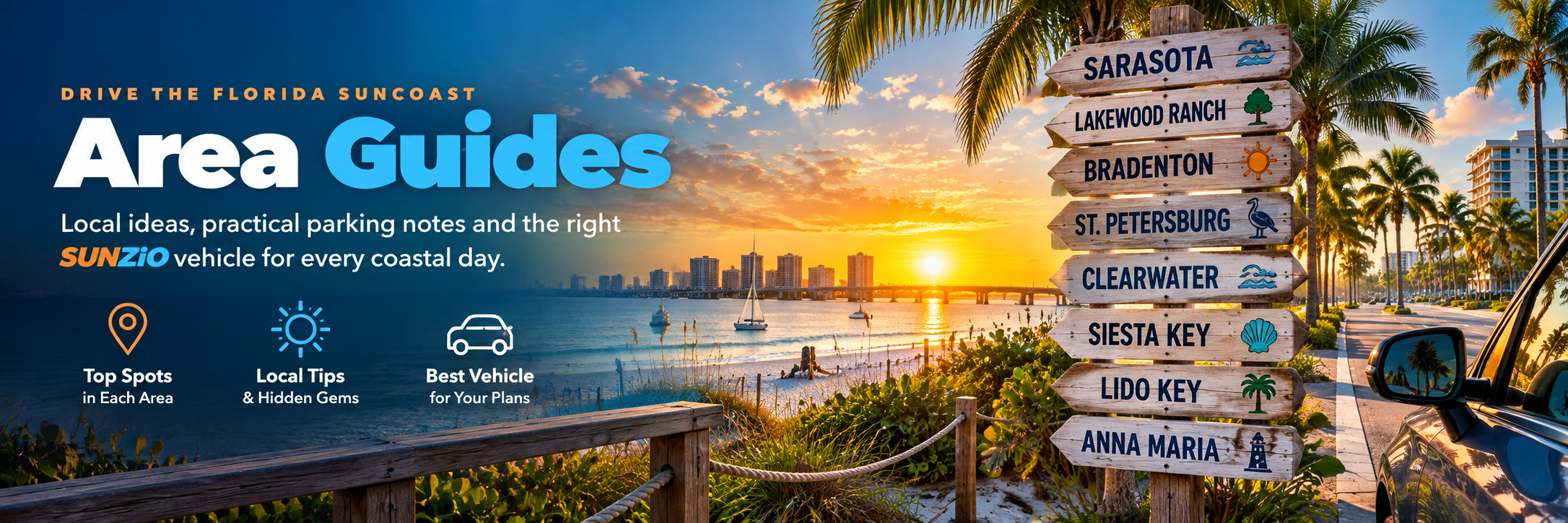 Florida Suncoast Area Guides: Sarasota, Lakewood Ranch, Bradenton, St. Petersburg, Clearwater, Siesta Key, Lido Key, Anna Maria signpost at sunset