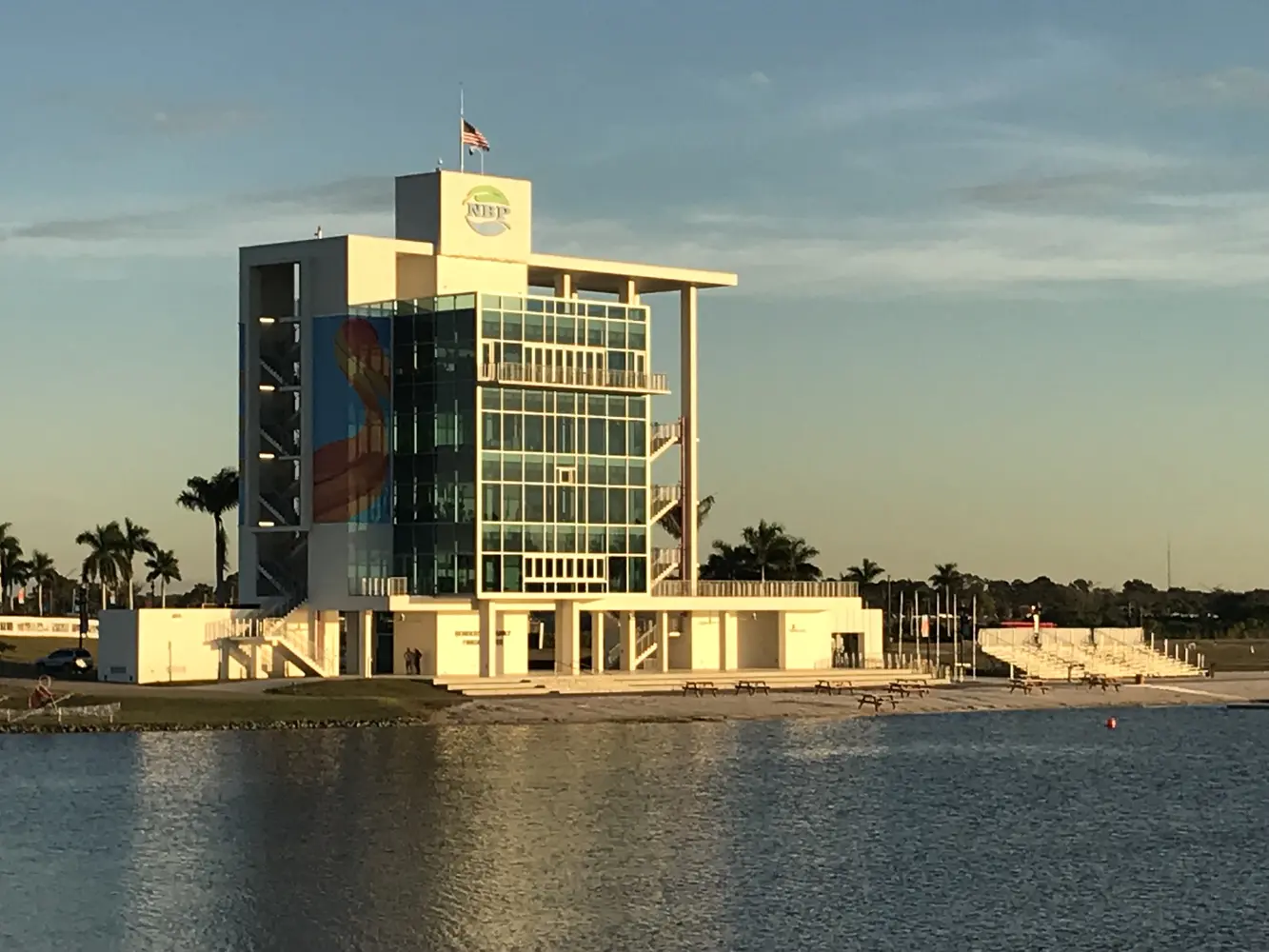 Finish tower beside the competition lake at Nathan Benderson Park