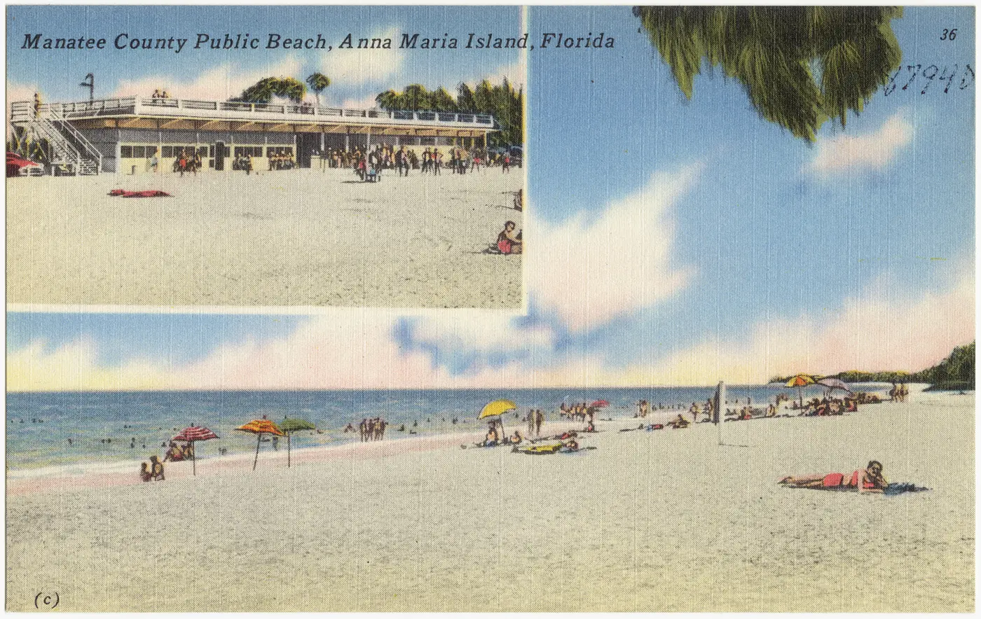 Historic color photograph and postcard view of Manatee Public Beach on Anna Maria Island