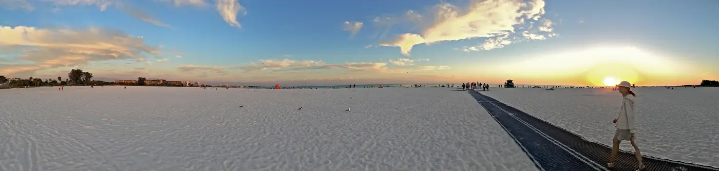 Wide sunset panorama across Siesta Beach, one of the trolley’s principal stops