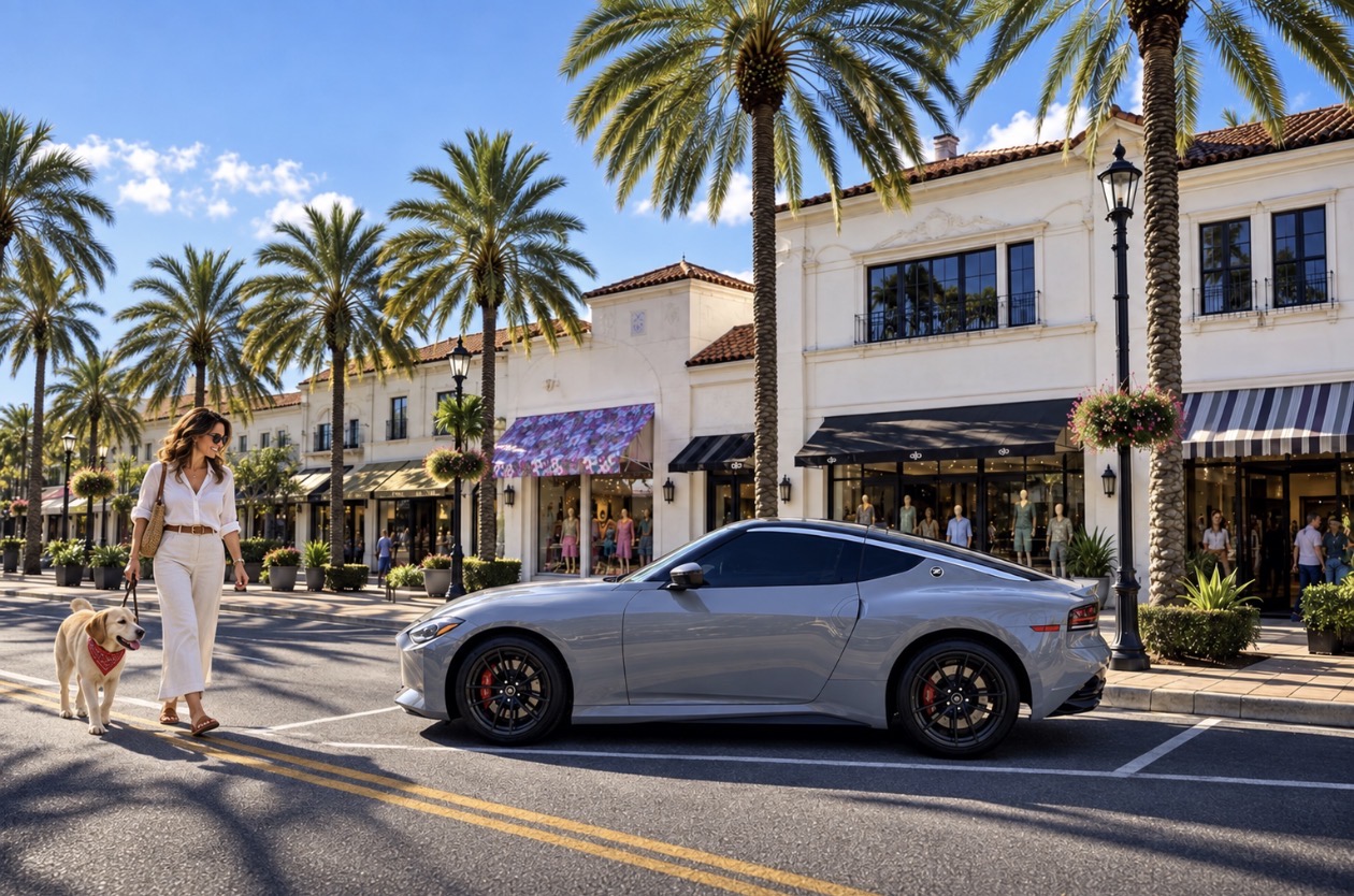 SUNZiO sports car parked on a palm-lined Sarasota shopping street