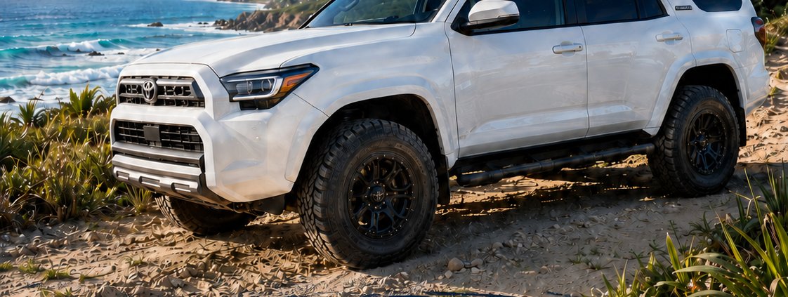 White Toyota 4Runner SR5 front three-quarter view by the water