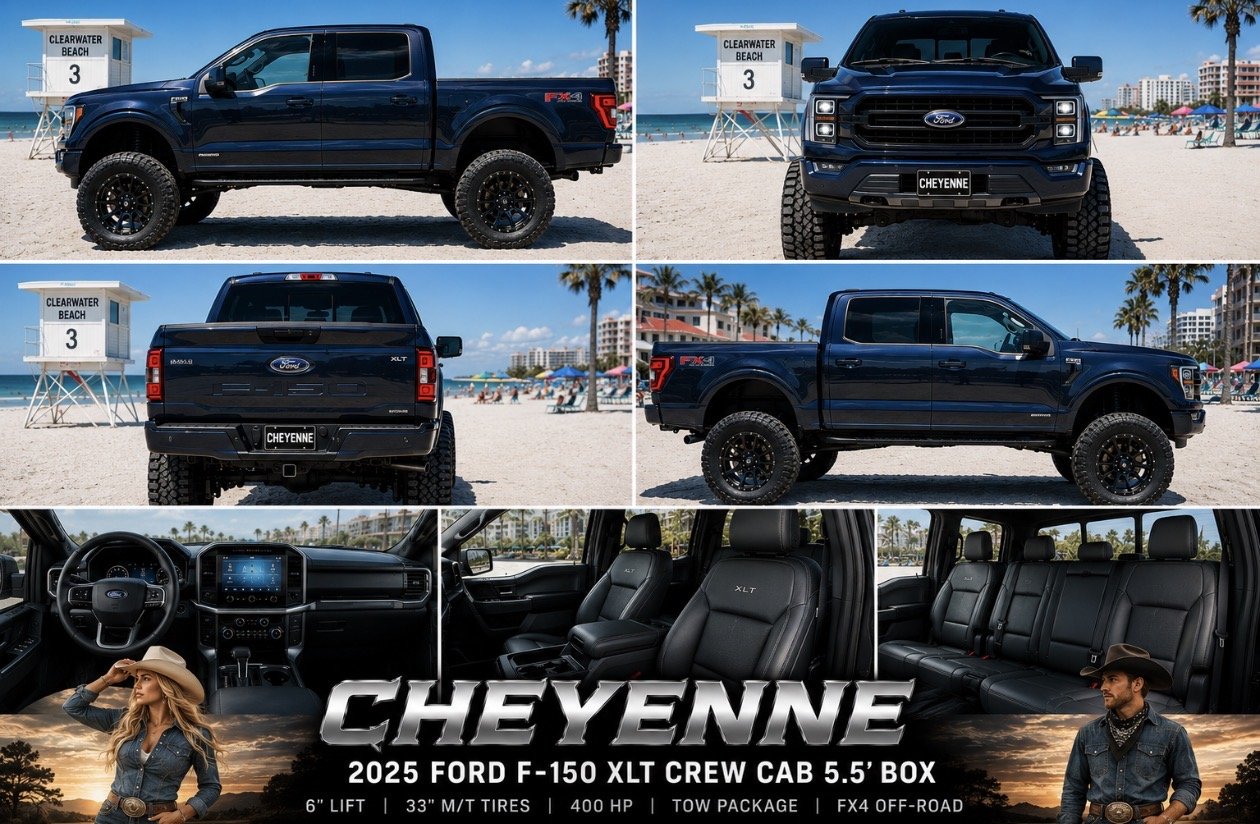 Black Ford F-150 XLT crew cab from four angles, plus the dashboard, front seats and rear seats