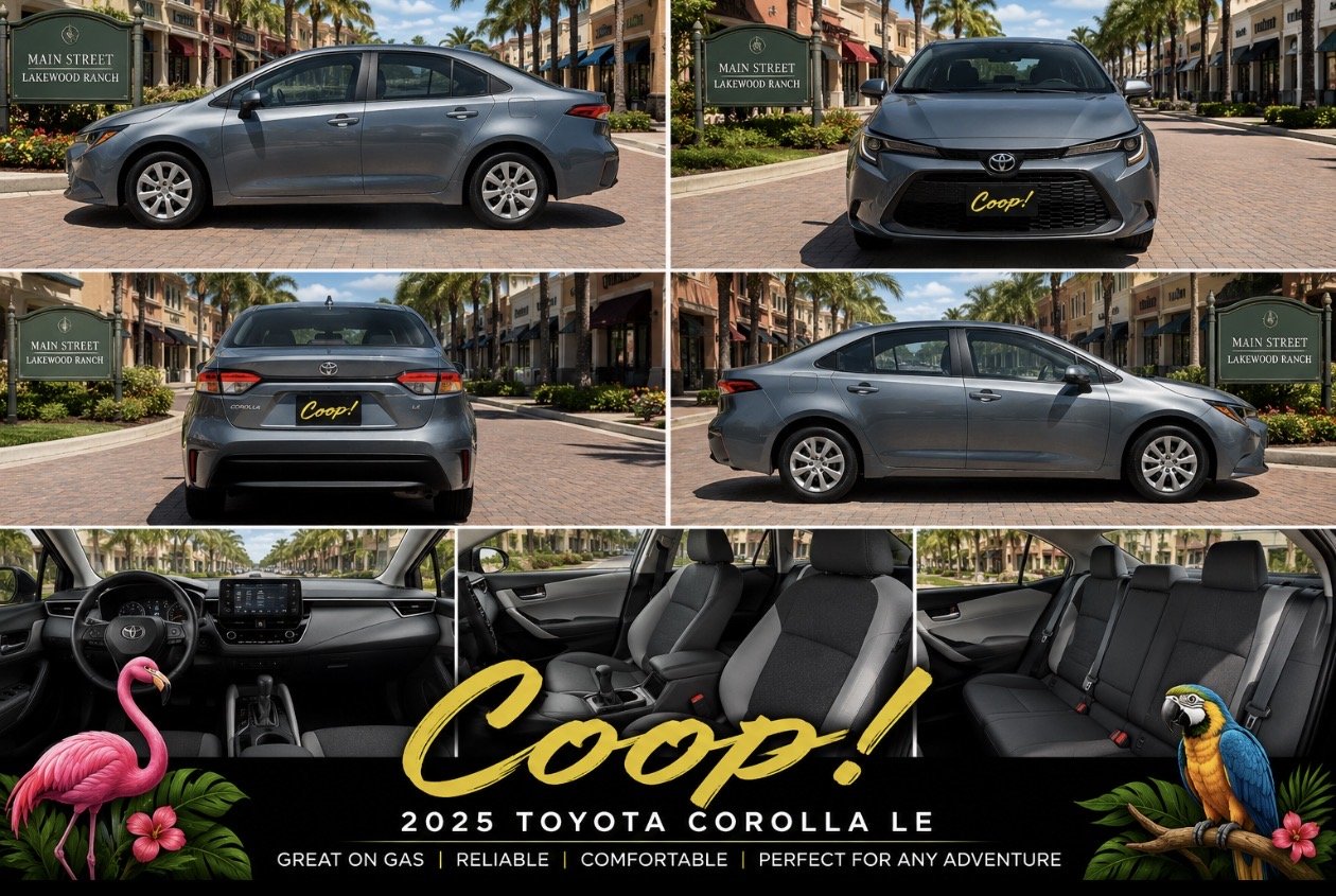 Toyota Corolla LE exterior from four angles, plus the dashboard and seats
