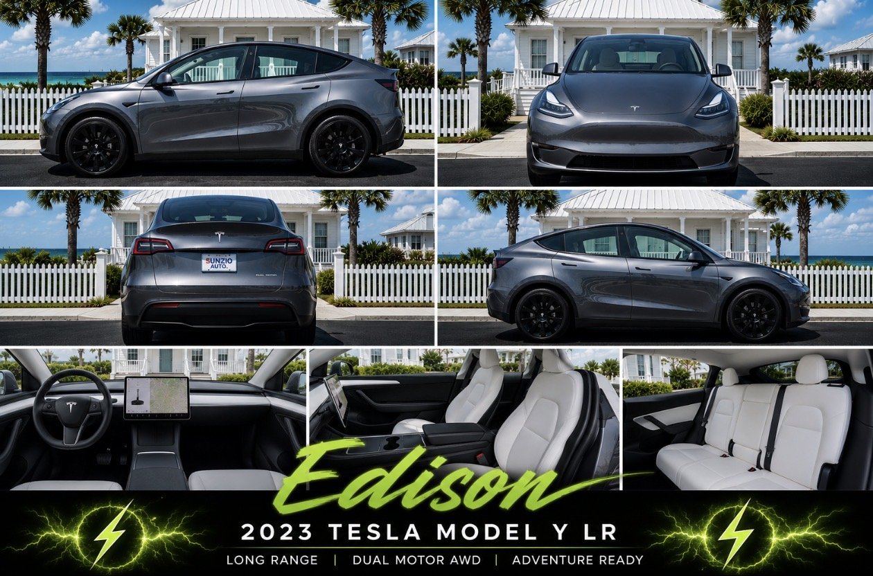 Tesla Model Y Long Range exterior from four angles, plus the white interior, front seats and rear bench
