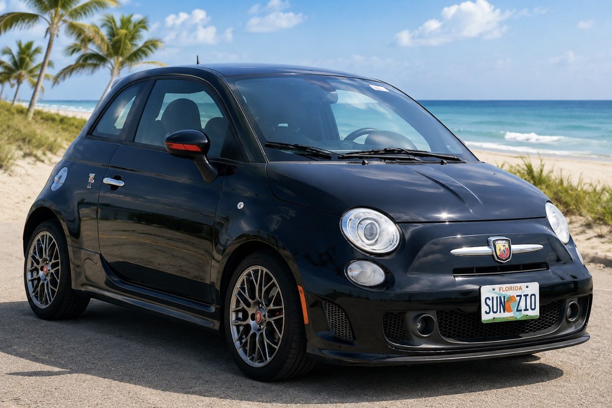 Black Fiat 500 Abarth parked at the beach