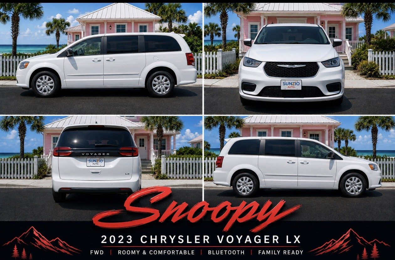 White Chrysler Voyager LX from four angles in front of a pink beach house