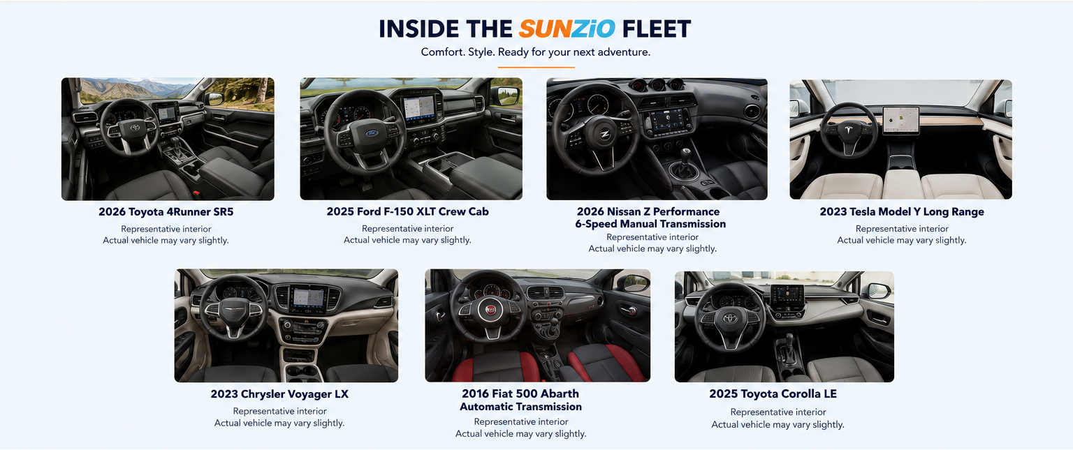 Representative interiors of the SUNZiO fleet including Toyota 4Runner, Ford F-150, Nissan Z, Tesla Model Y, Chrysler Voyager, Fiat 500 Abarth and Toyota Corolla