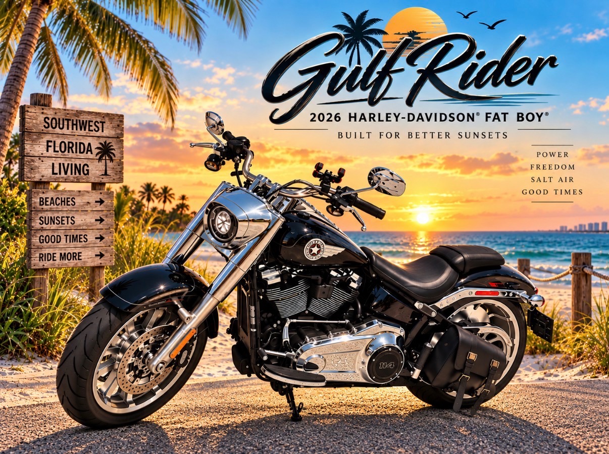 2026 Harley-Davidson Fat Boy parked on the Florida Gulf Coast at sunset