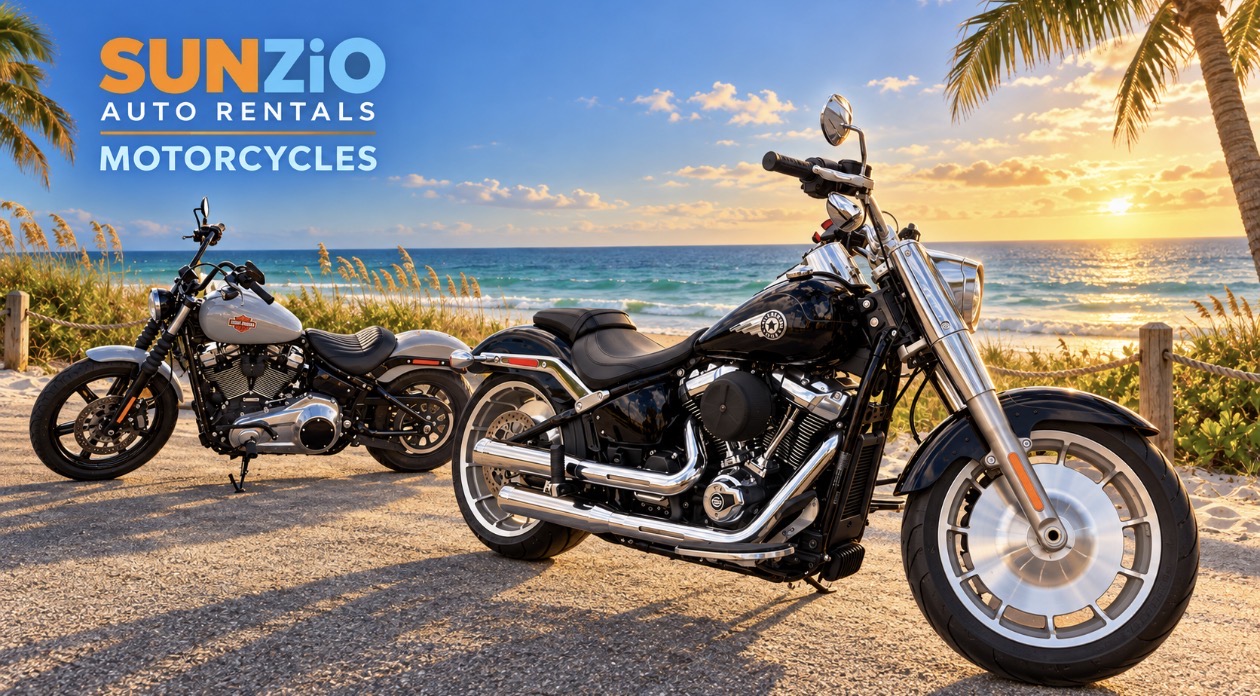 SUNZiO Harley-Davidson motorcycles on the Florida Gulf Coast at sunset