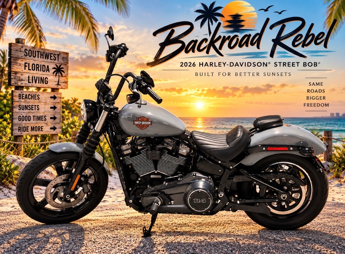 2026 Harley-Davidson Street Bob on the Florida Gulf Coast at sunset