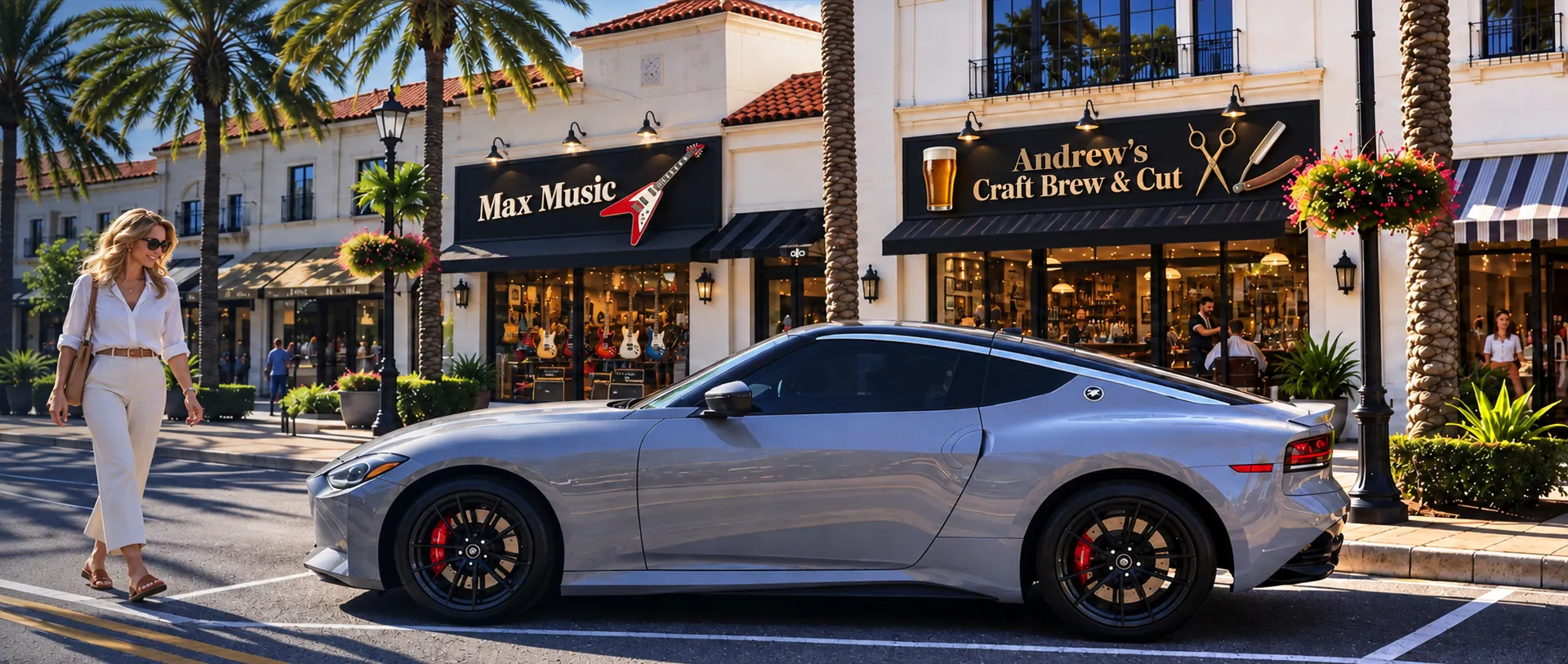 Silver sports coupe parked on a palm-lined Sarasota shopping street