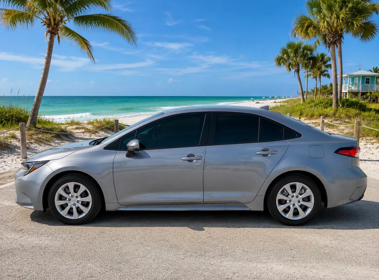 Side profile of the silver Toyota Corolla LE at a beach car park