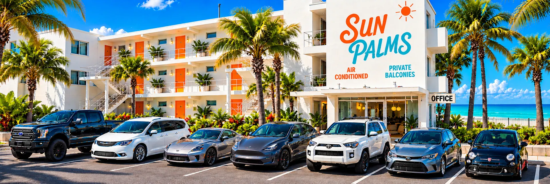 SUNZiO rental fleet parked outside the palm-lined Sun Palms hotel by the beach