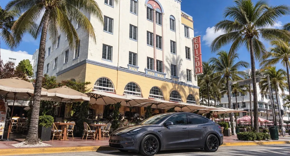 Grey Tesla parked by the Florida Gulf Coast