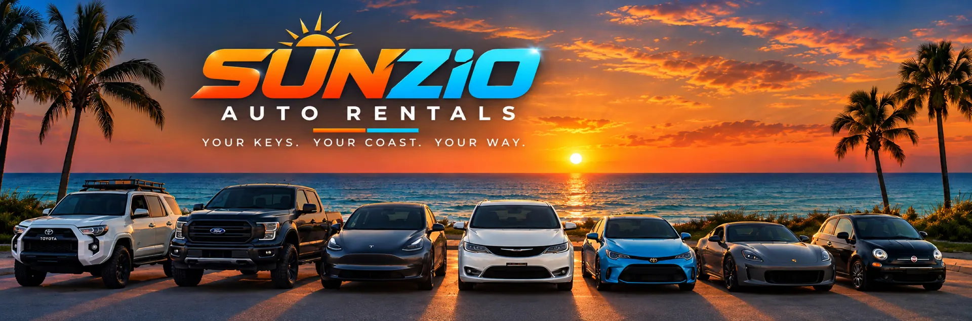 SUNZiO Auto Rentals vehicle fleet parked by the coast beneath an orange sunset