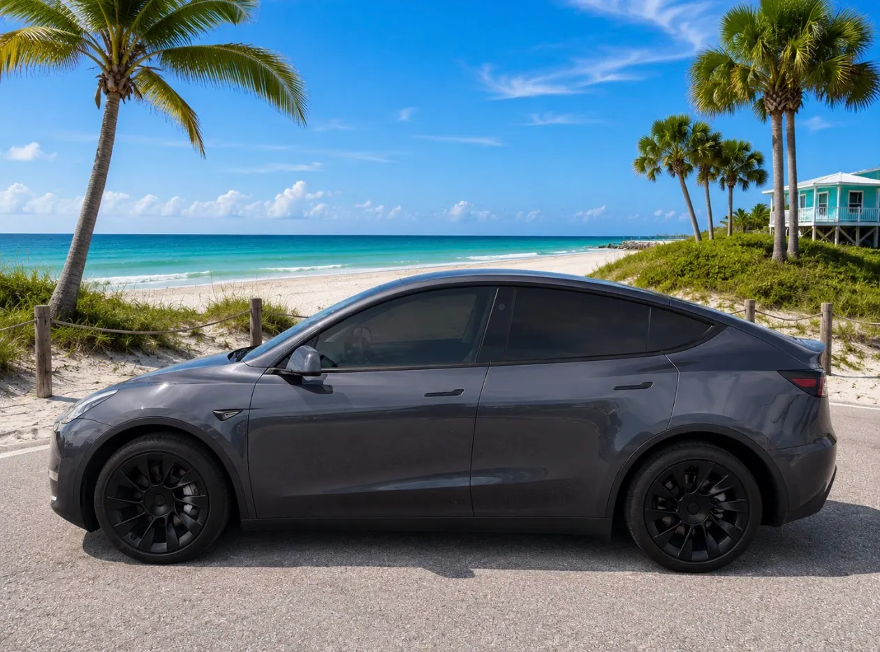 Side profile of the gray Tesla Model Y Long Range at a beach car park