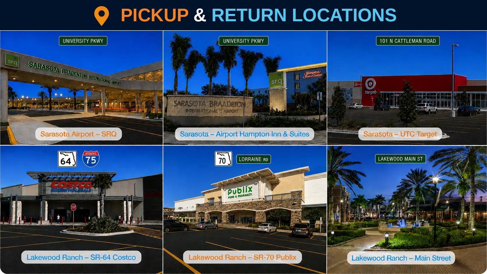 Grid of SUNZiO pickup and return locations: Sarasota Airport, Sarasota Airport Hampton Inn and Suites, Sarasota UTC Target, Lakewood Ranch SR-64 Costco, Lakewood Ranch SR-70 Publix, and Lakewood Ranch Main Street
