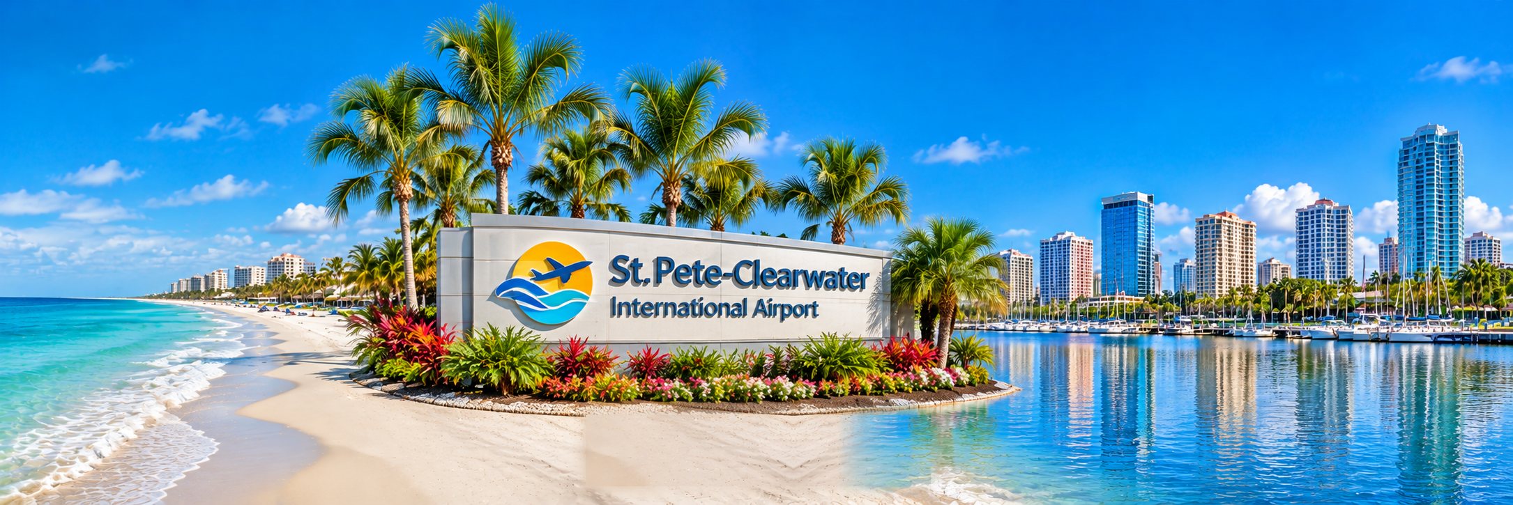St. Pete-Clearwater International Airport sign between a white-sand beach and the St. Pete waterfront