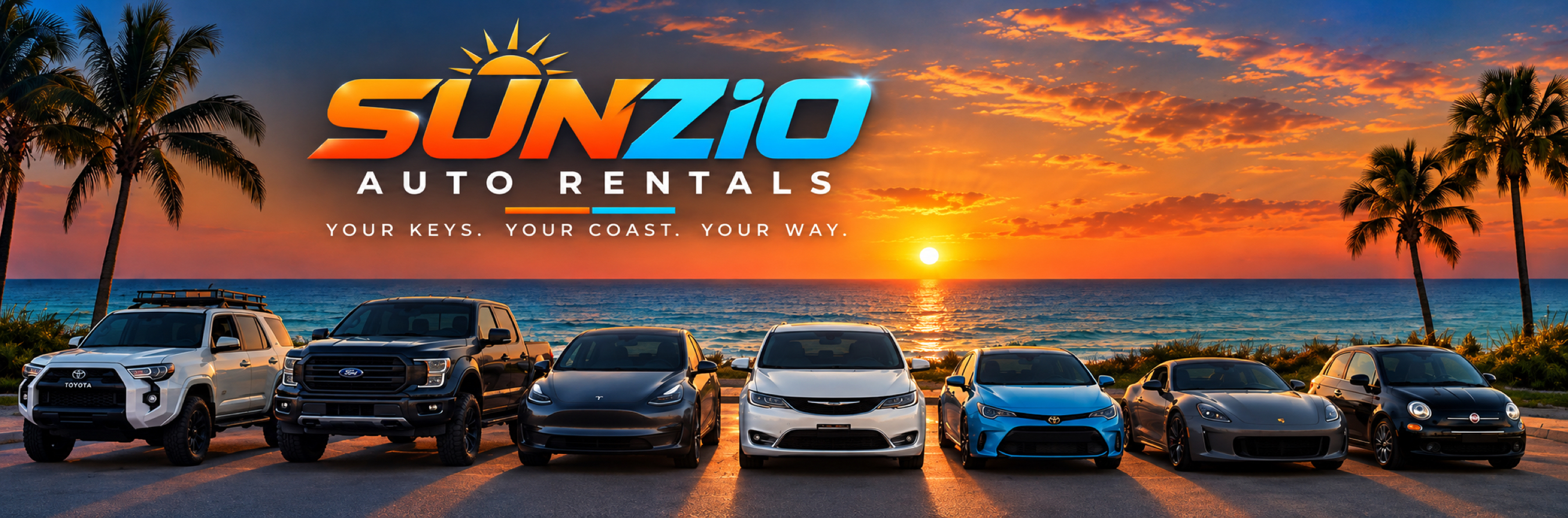 SUNZiO Auto Rentals vehicle fleet parked by the coast beneath an orange sunset