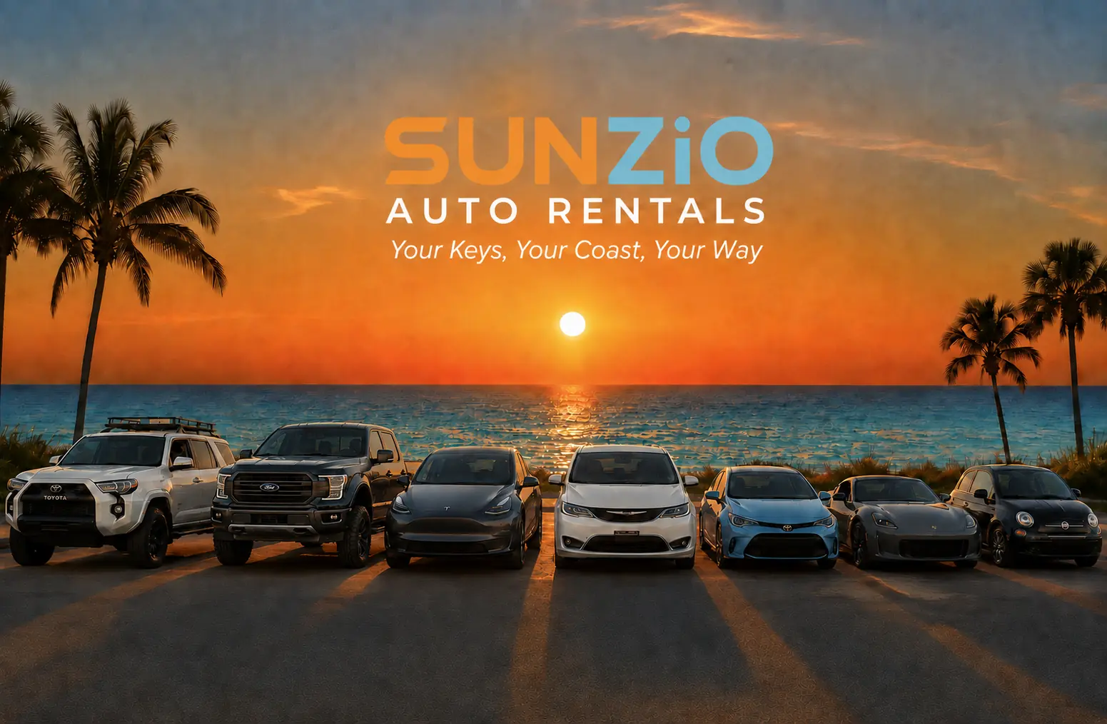 SUNZiO Auto Rentals fleet lineup on the Sarasota coast at sunset