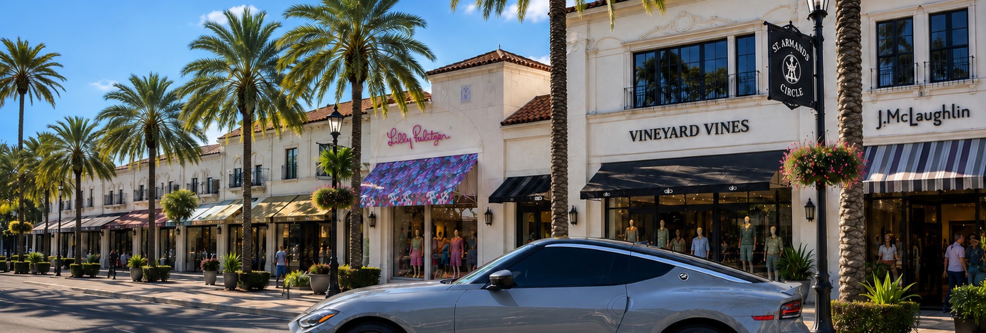 SUNZiO rental vehicle parked on St. Armands Circle among the palm-lined shops