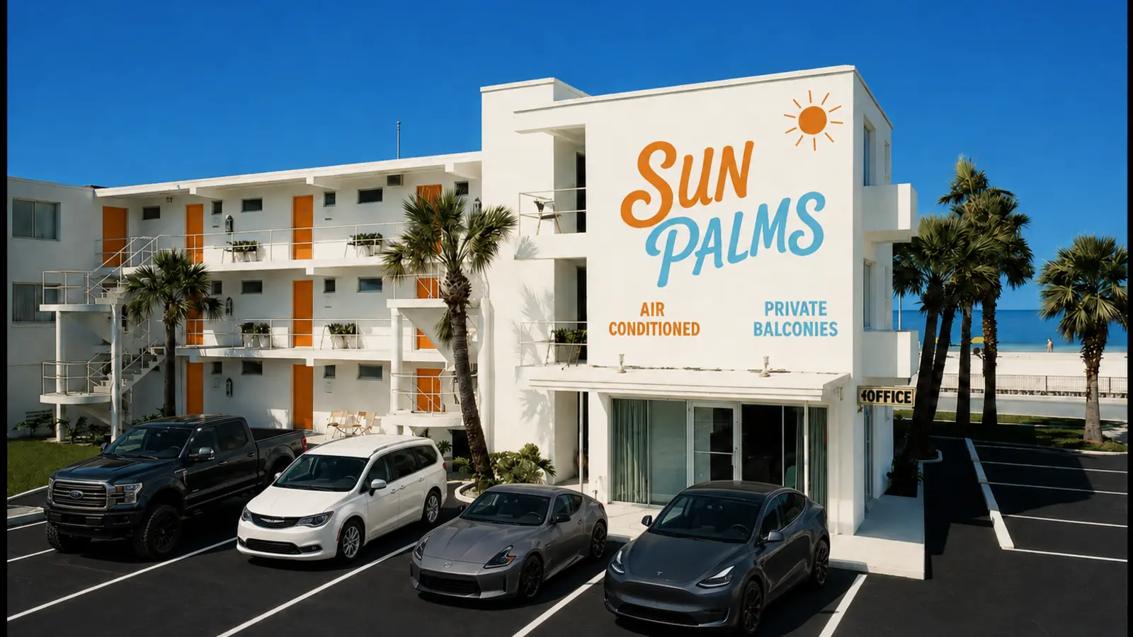 SUNZiO Auto Rentals vehicles parked at Sun Palms near the beach