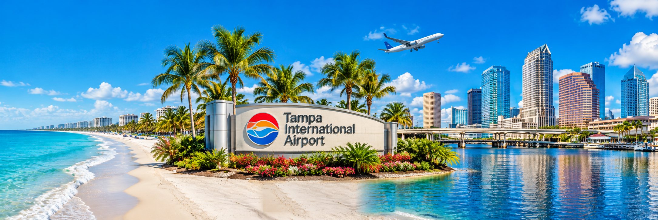 Tampa International Airport sign between a white-sand beach and the downtown Tampa skyline