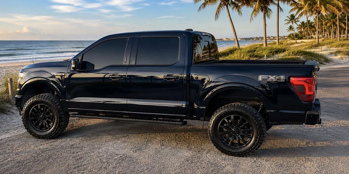 Black lifted 2025 Ford F-150 XLT crew cab parked by a Gulf Coast beach