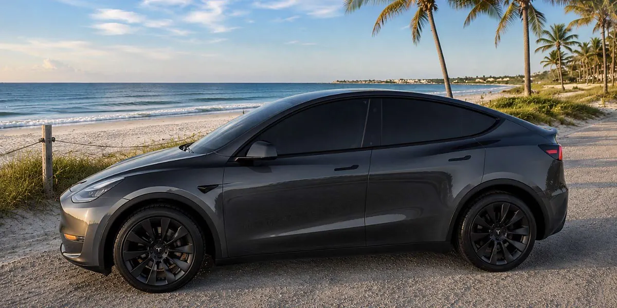 Gray 2023 Tesla Model Y Long Range parked by a Gulf Coast beach
