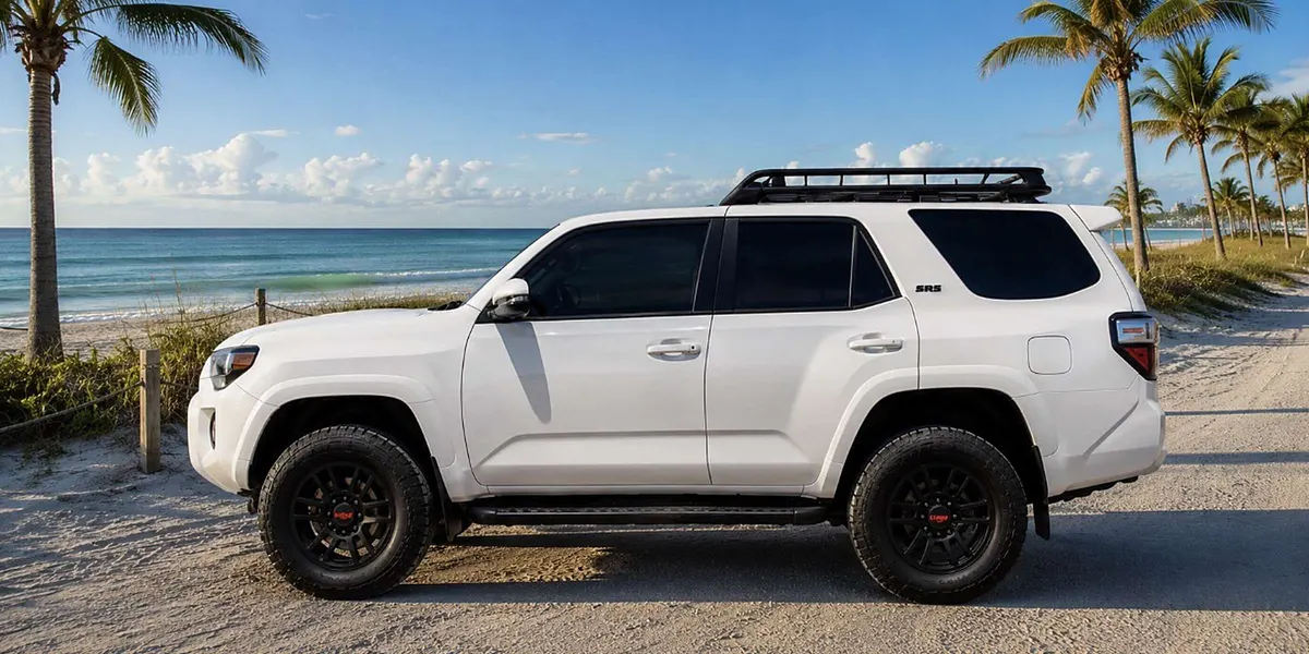 White 2026 Toyota 4Runner SR5 with a roof rack parked by a Gulf Coast beach