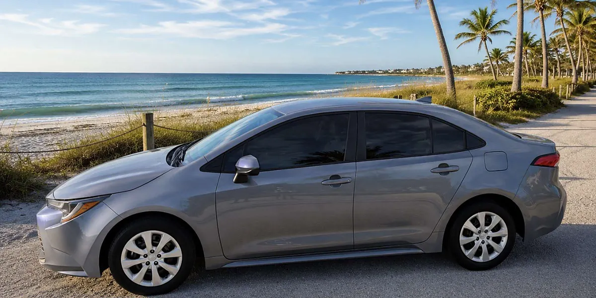 Silver 2025 Toyota Corolla LE parked by a Gulf Coast beach
