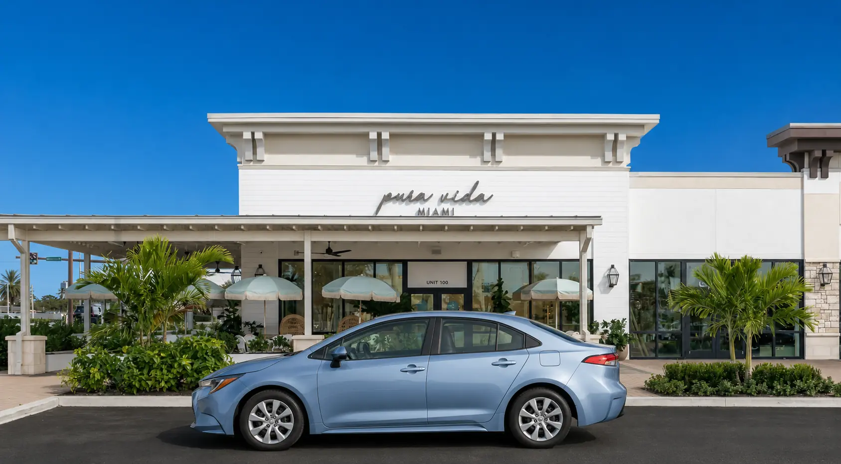 SUNZiO Toyota Corolla parked outside Pura Vida Miami