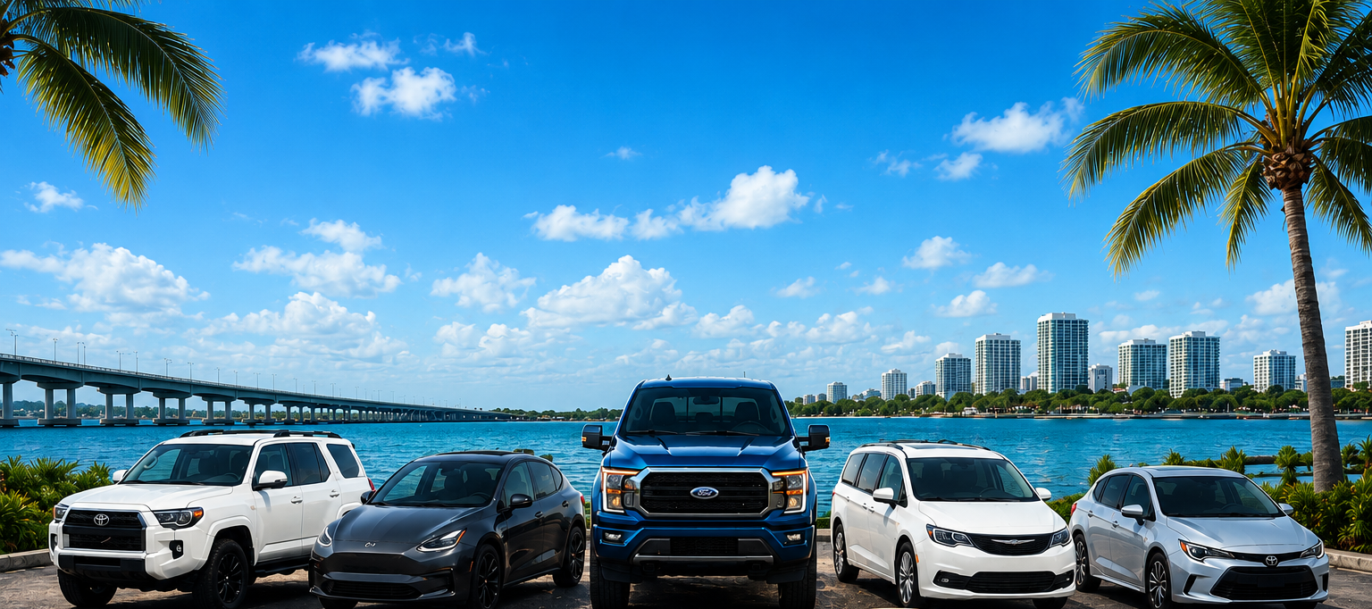 SUNZiO Auto Rentals fleet parked at a Sarasota waterfront pickup location